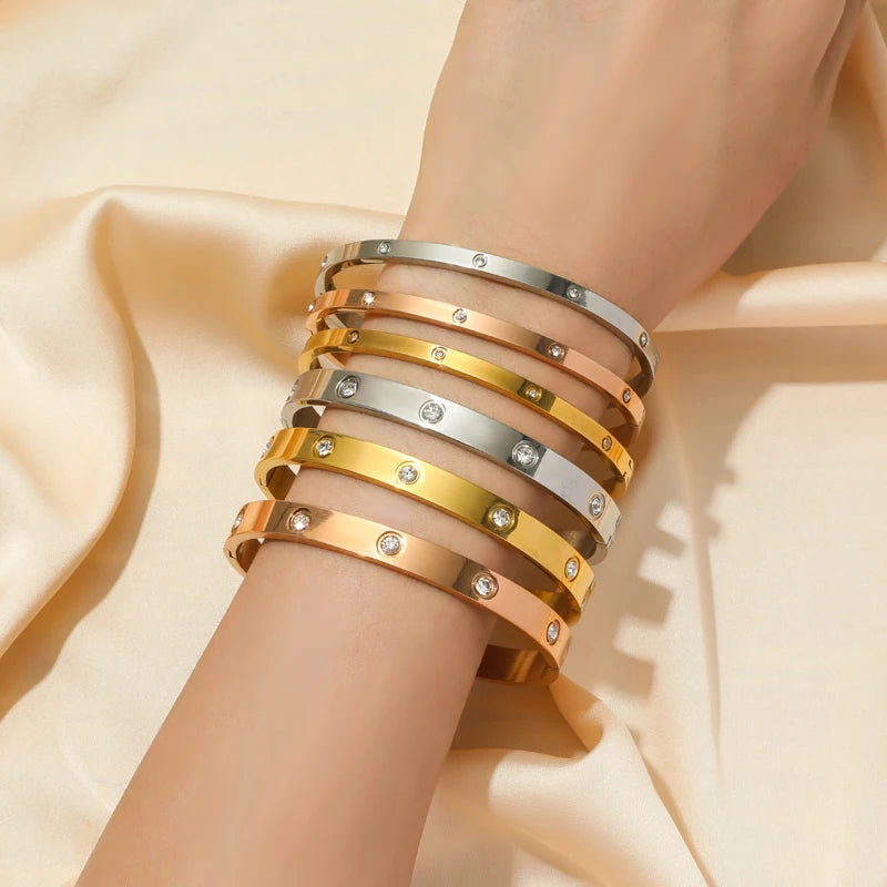 Stainless Steel With Zirconia Stones Bangles-Waterproof Jewelry