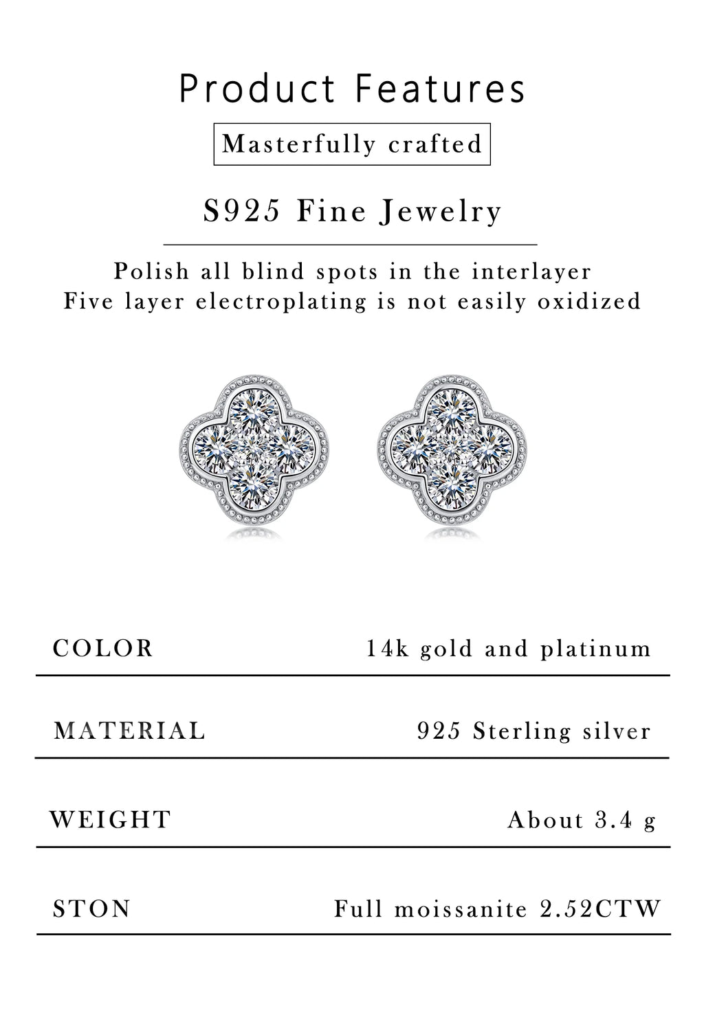 2.52 CTW Clover Shape Moissanite Stud Earrings S925 Sterling Silver Jewelry
