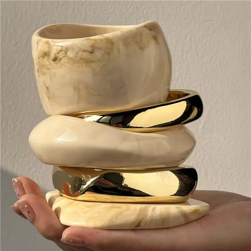 Beige Tie Dye and Gold Wide Asymmetrical Resin Bracelet-Thick & Oversized Fashion Jewelry