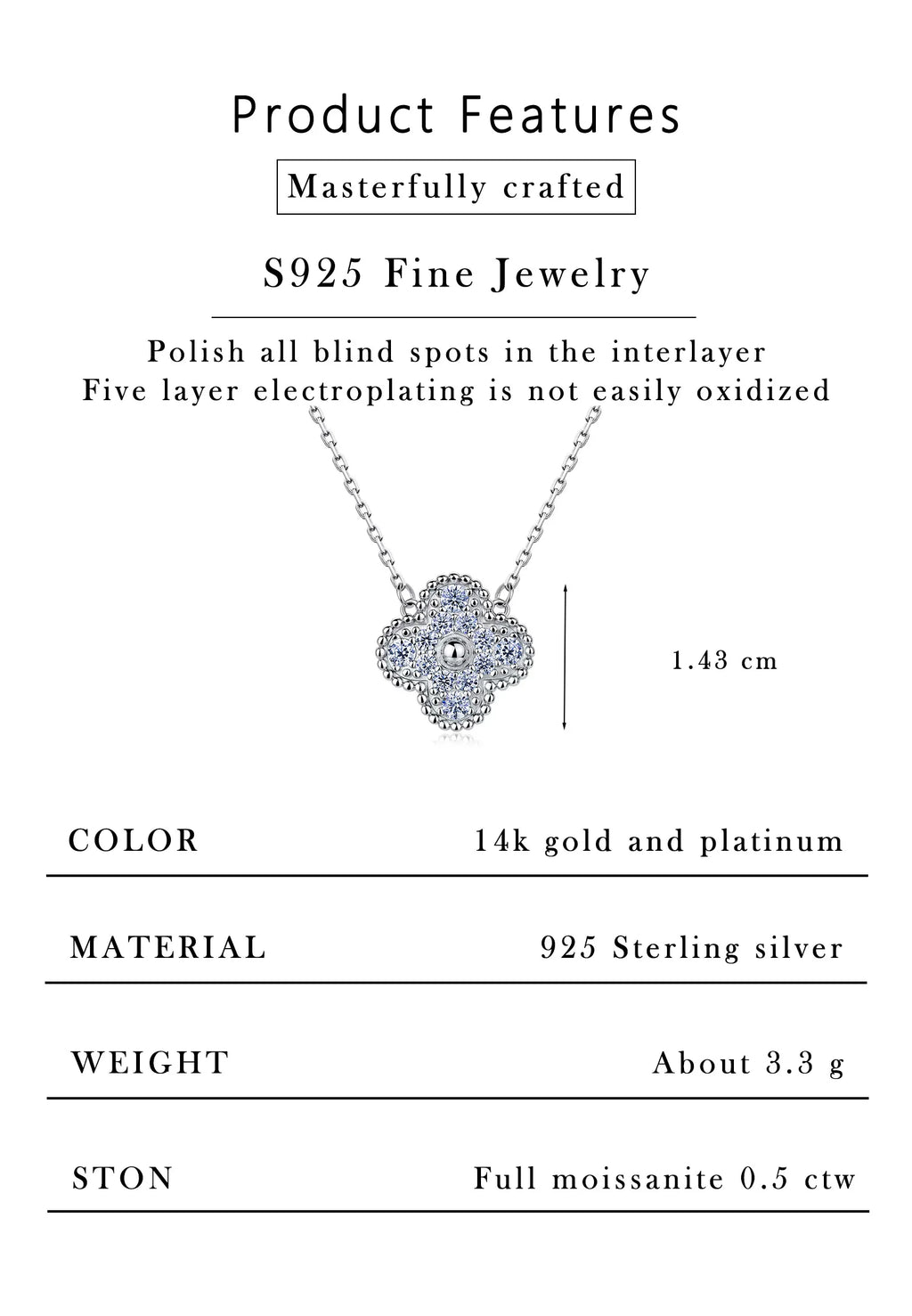 0.5CTW Moissanite Four-Leaf Flower Necklace 925 Sterling Silver Full Paved Pendant Women Jewelry
