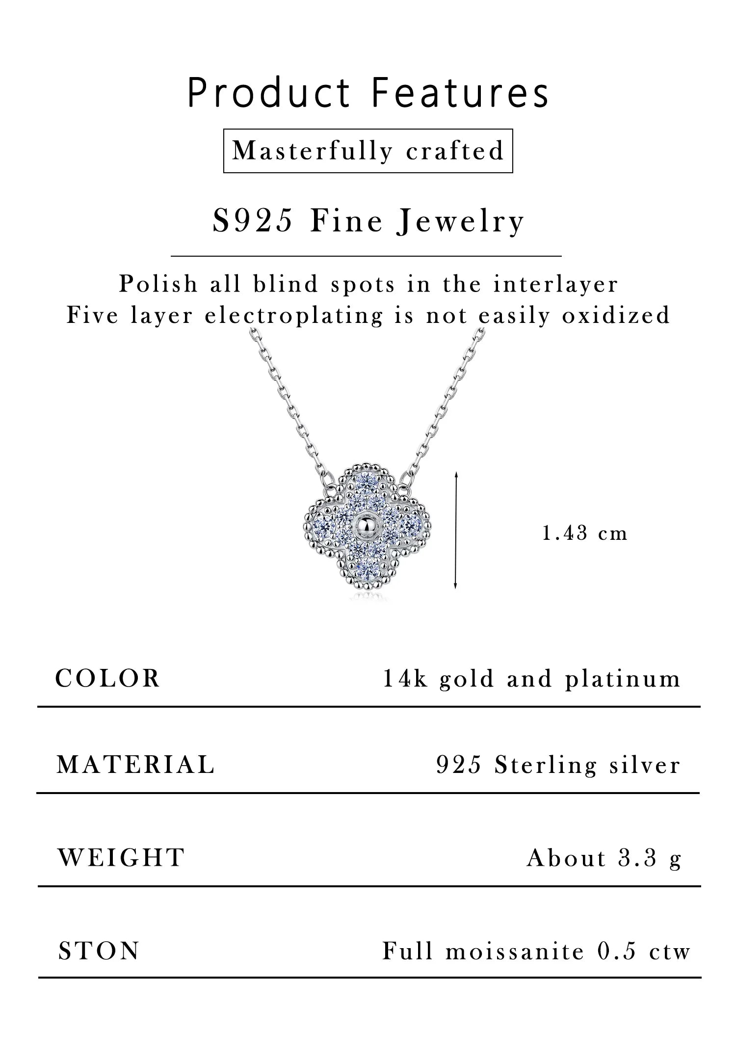 0.5CTW Moissanite Four-Leaf Flower Necklace 925 Sterling Silver Full Paved Pendant Women Jewelry