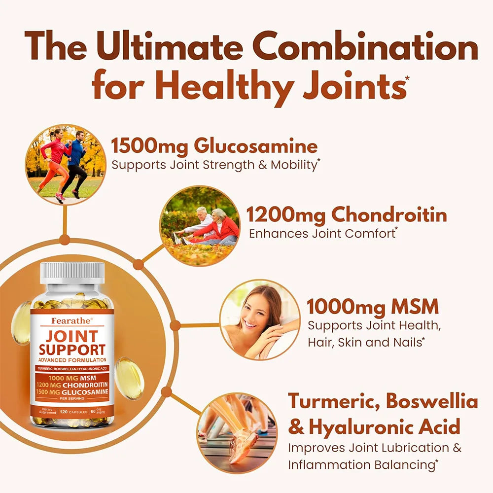 Joint Support Supplement Glucosamine Chondroitin Turmeric MSM-Relief Bones-Back-Knees and Hands-NON-GMO