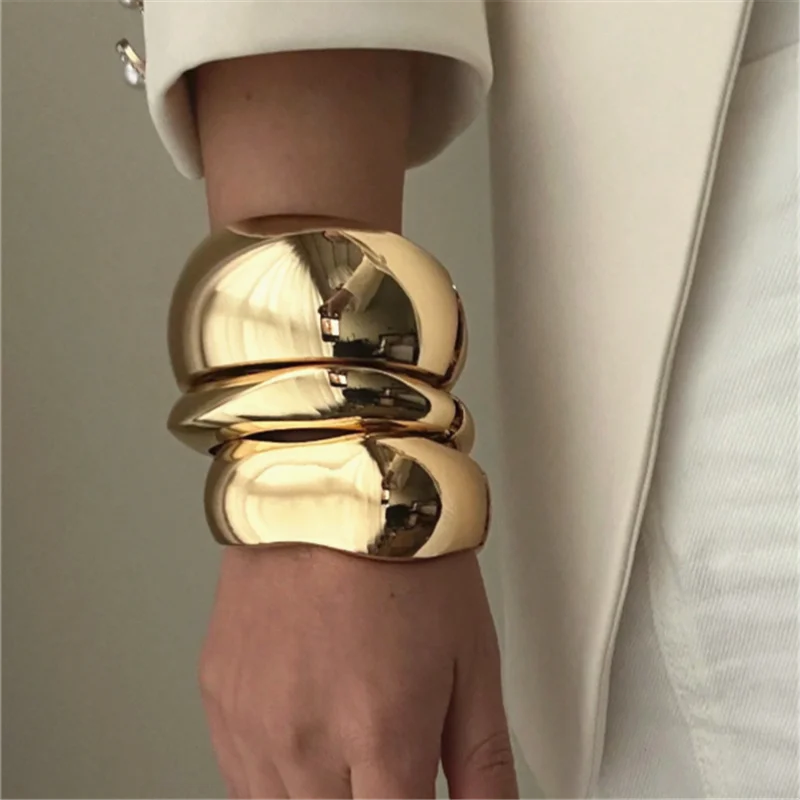 Beige Tie Dye and Gold Wide Asymmetrical Resin Bracelet-Thick & Oversized Fashion Jewelry