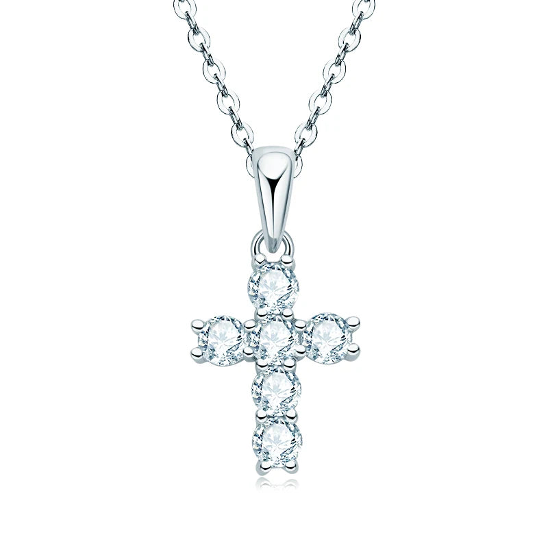 925 Sterling Silver Round Cut 3mm D Color Moissanite Cross Pendant Necklaces for Women Jewelry