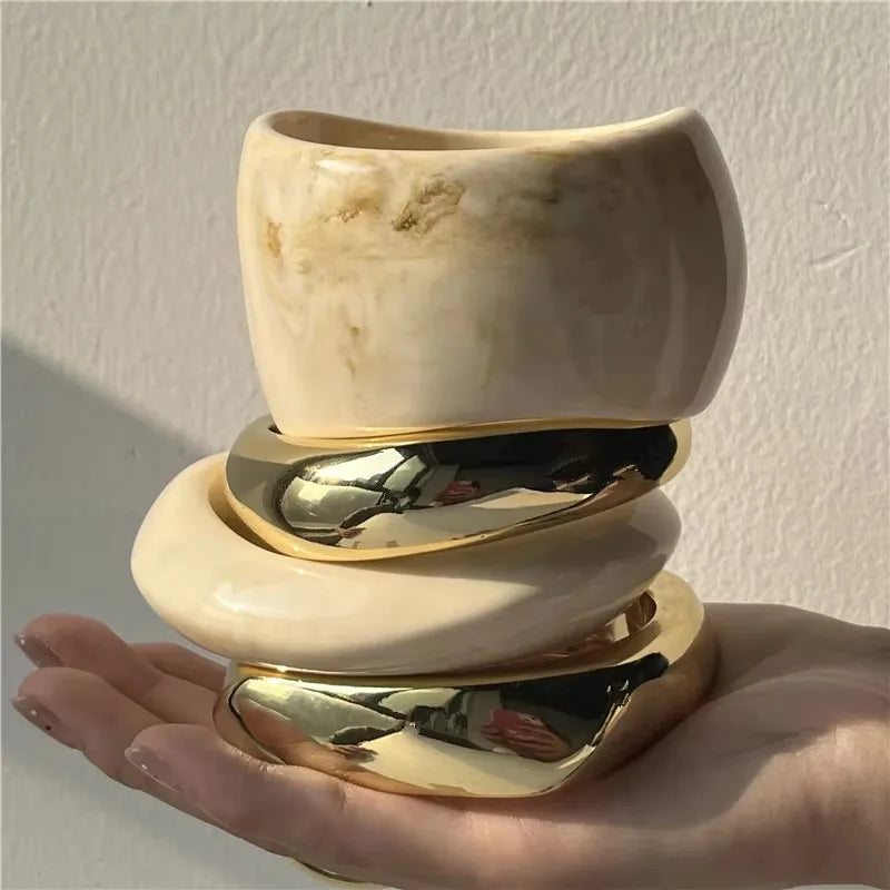 Beige Tie Dye and Gold Wide Asymmetrical Resin Bracelet-Thick & Oversized Fashion Jewelry
