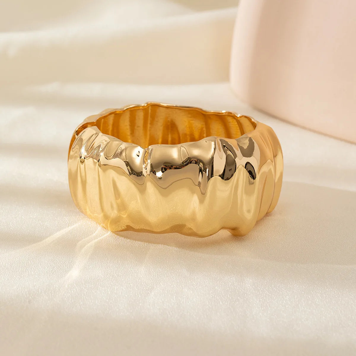 Beige Tie Dye and Gold Wide Asymmetrical Resin Bracelet-Thick & Oversized Fashion Jewelry