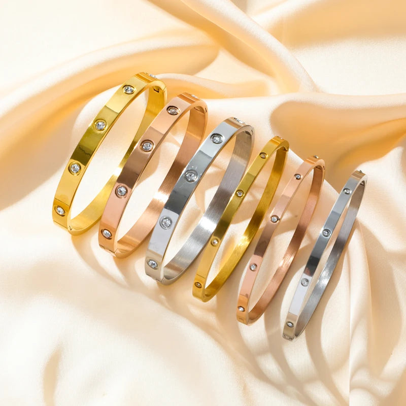 Stainless Steel With Zirconia Stones Bangles-Waterproof Jewelry