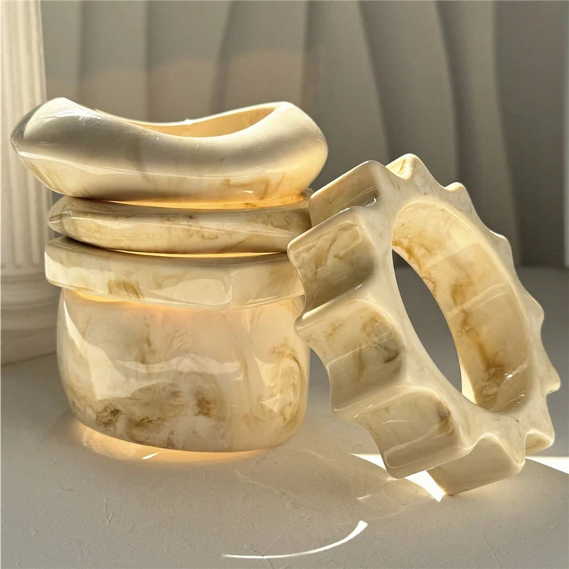 Beige Tie Dye and Gold Wide Asymmetrical Resin Bracelet-Thick & Oversized Fashion Jewelry