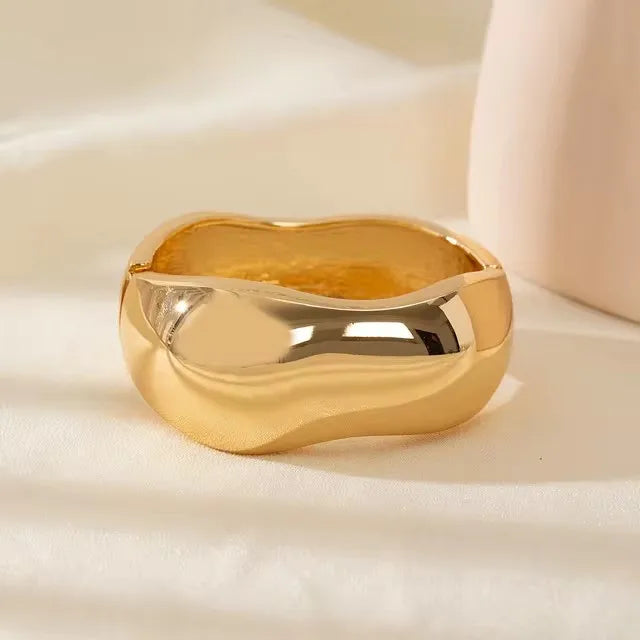 Beige Tie Dye and Gold Wide Asymmetrical Resin Bracelet-Thick & Oversized Fashion Jewelry