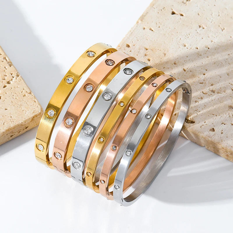 Stainless Steel With Zirconia Stones Bangles-Waterproof Jewelry