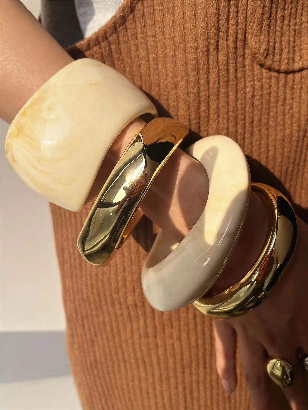 Beige Tie Dye and Gold Wide Asymmetrical Resin Bracelet-Thick & Oversized Fashion Jewelry