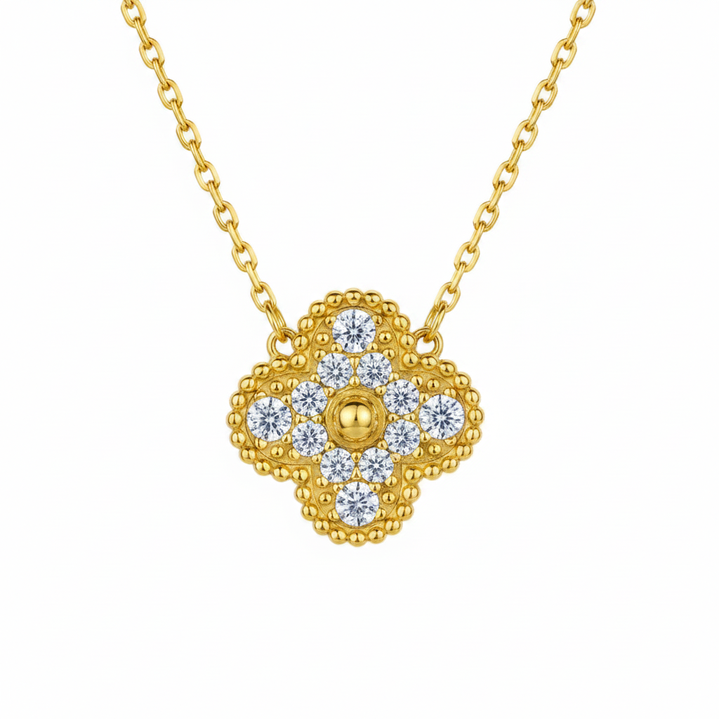 0.5CTW Moissanite Four-Leaf Flower Necklace 925 Sterling Silver Full Paved Pendant Women Jewelry