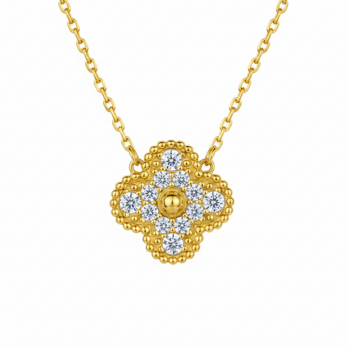 0.5CTW Moissanite Four-Leaf Flower Necklace 925 Sterling Silver Full Paved Pendant Women Jewelry