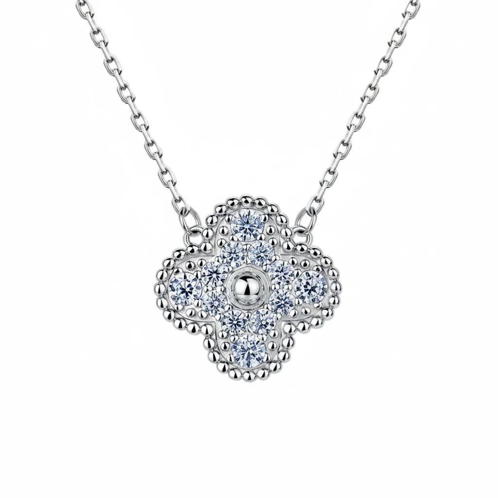 0.5CTW Moissanite Four-Leaf Flower Necklace 925 Sterling Silver Full Paved Pendant Women Jewelry