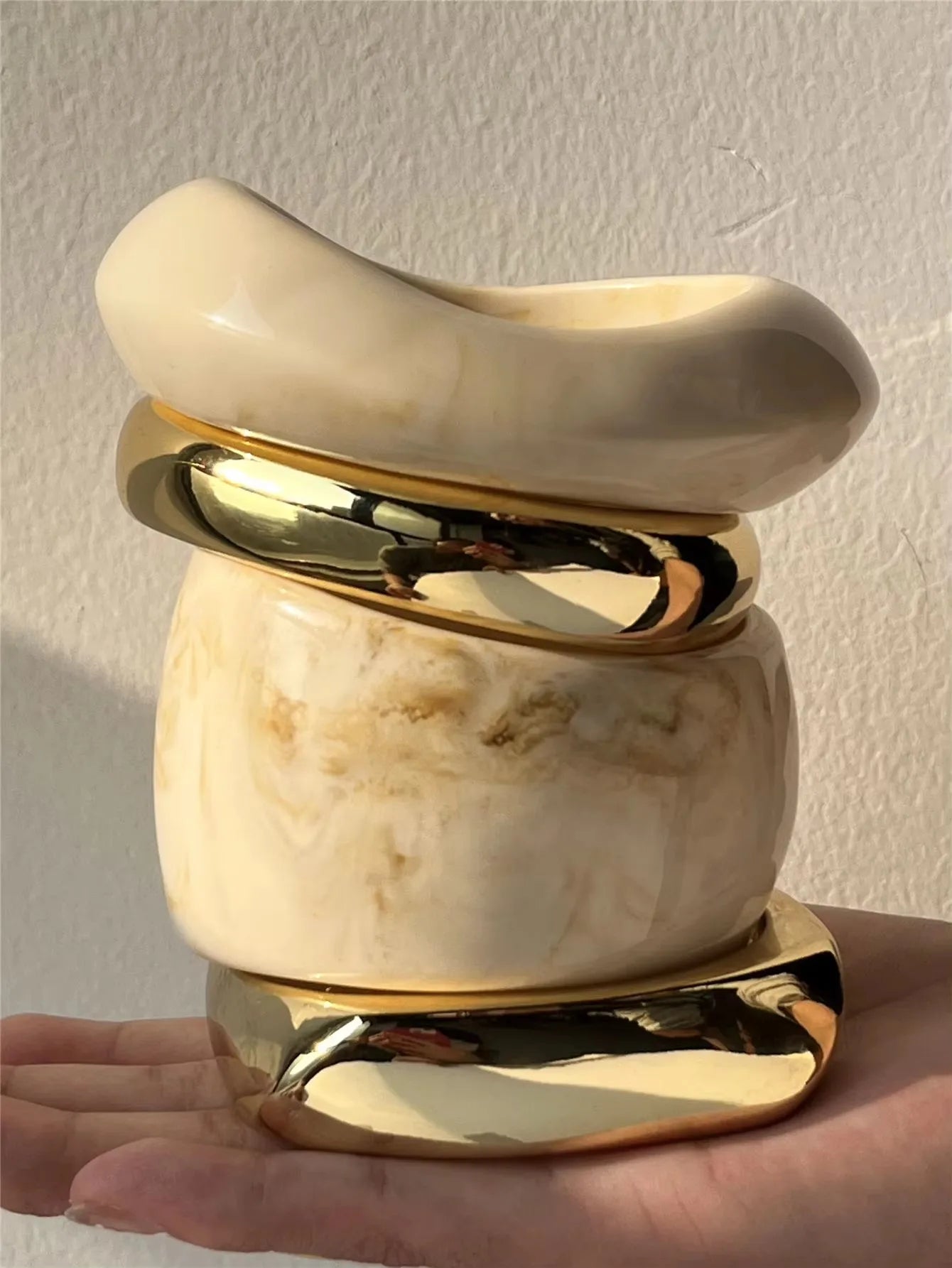 Beige Tie Dye and Gold Wide Asymmetrical Resin Bracelet-Thick & Oversized Fashion Jewelry